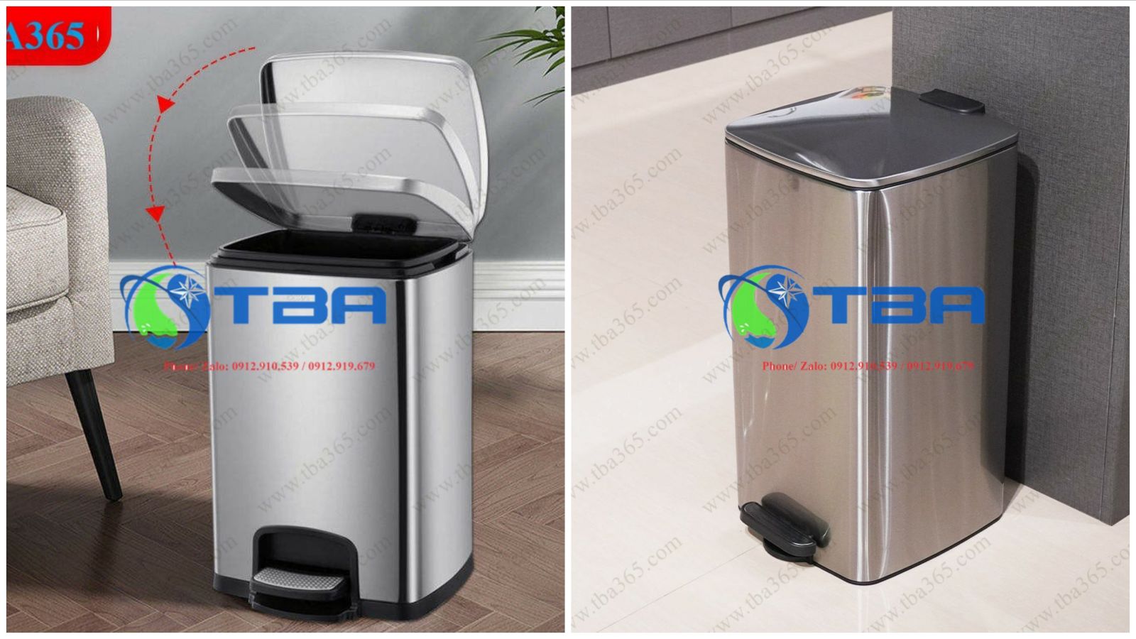 Thùng rác Vuông inox 8L Á Châu cơ chế giảm tốc khi đậy nắp