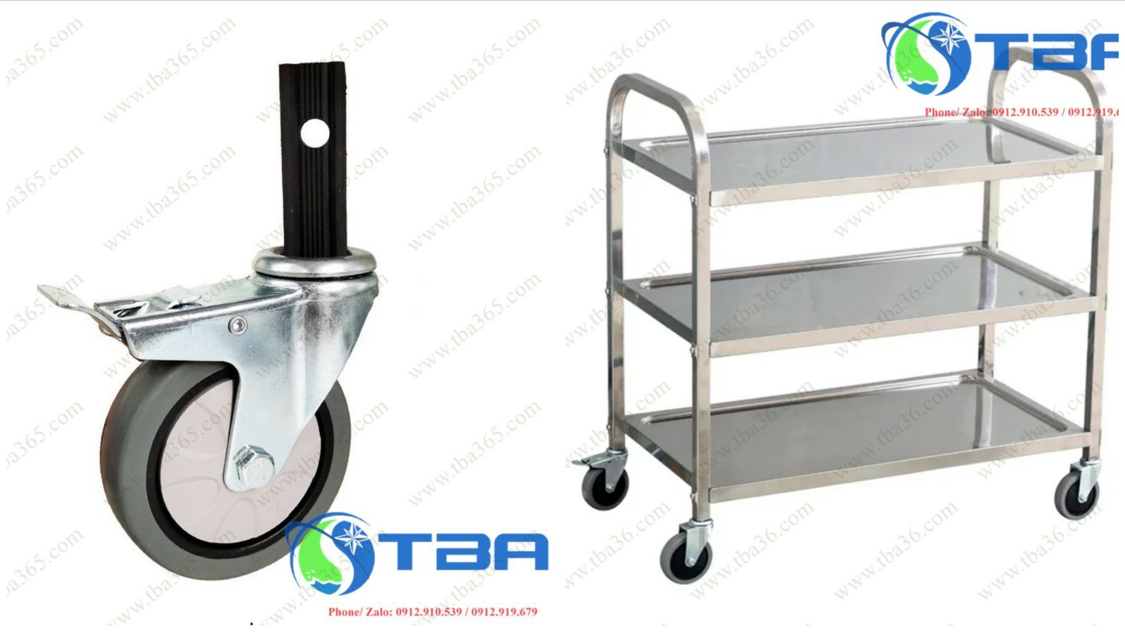 Bộ phụ kiện bánh xe có khóa cho xe đẩy thức ăn inox 2 tầng, 3 tầng