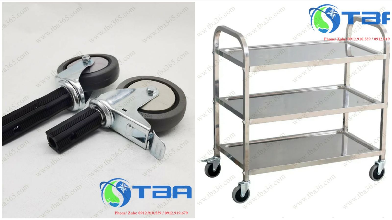 Bộ phụ kiện bánh xe cho xe đẩy phục vụ inox 03 tầng
